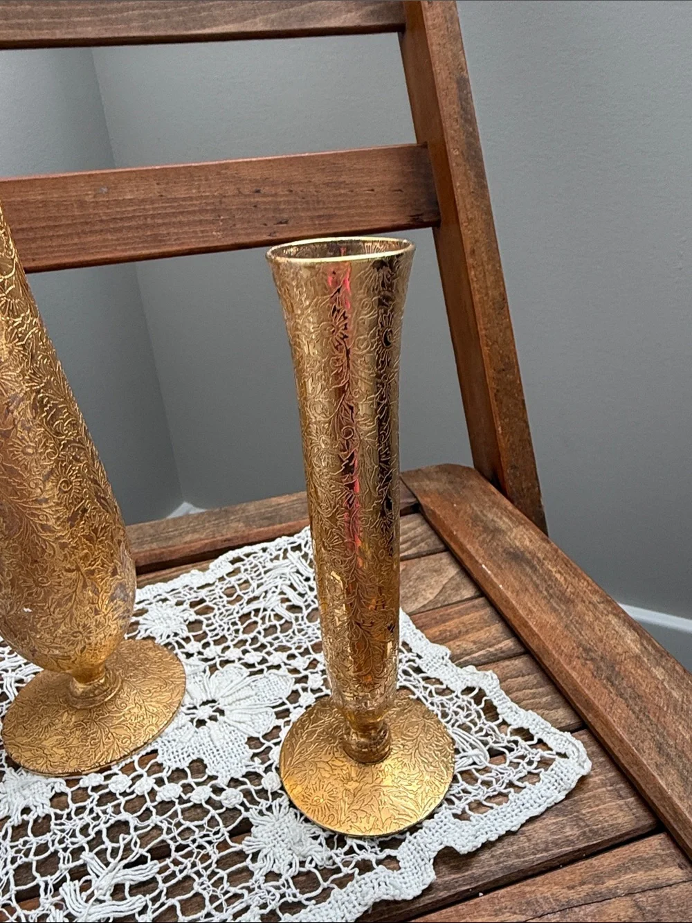 Vintage Gold Encrusted Etched Glass Bud Vases Pair Floral Bohemian Style